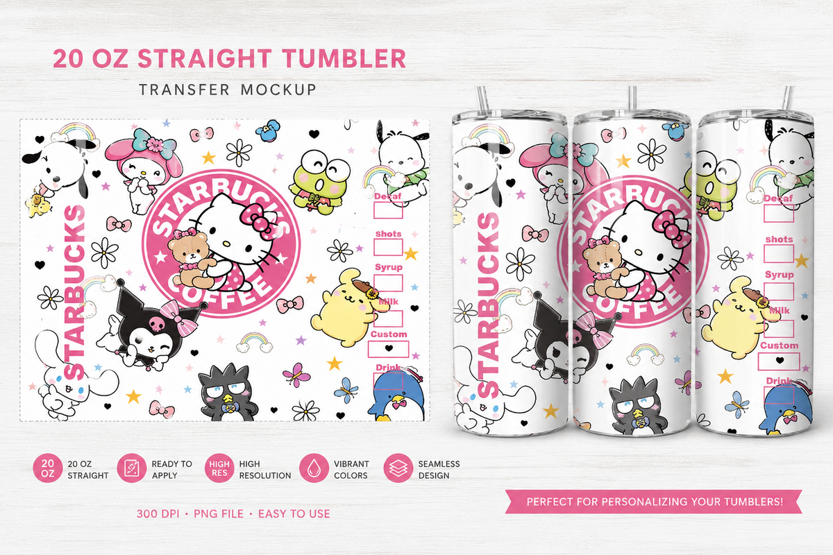 20 oz Straight Tumbler Transfer Kawaii Coffee Character Design