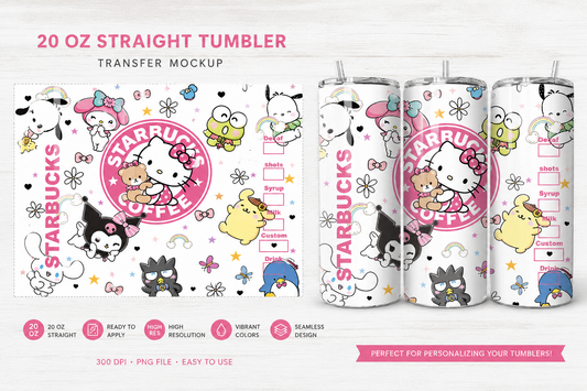 20 oz Straight Tumbler Transfer Kawaii Coffee Character Design
