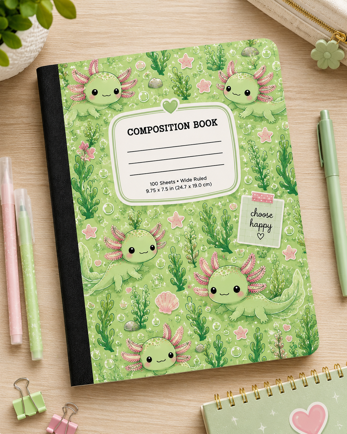 Green Axolotl Seamless Composition Notebook