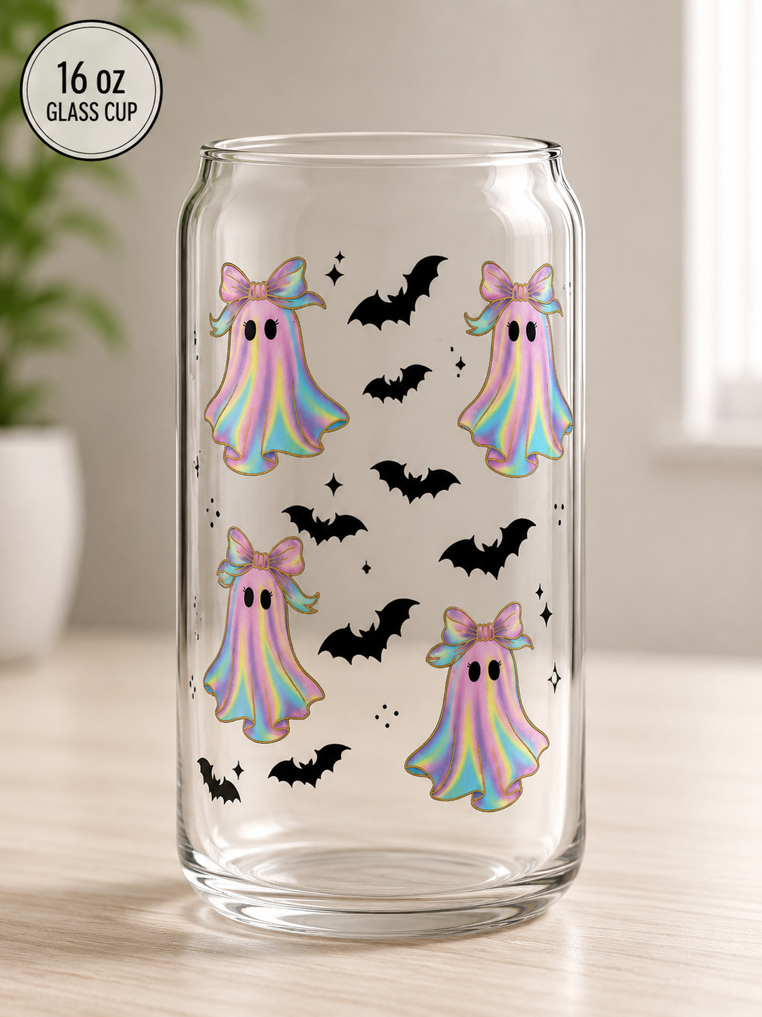 Pastel Ghost & Bats 16 oz Glass Can Cup