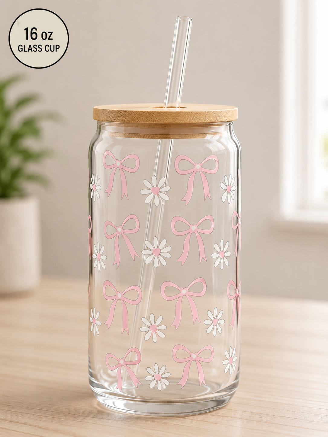 Cute Bows and Daisys 16 oz Glass Can Cup