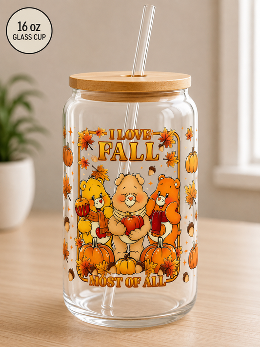 Fall Bear 16 oz Glass Can Cup
