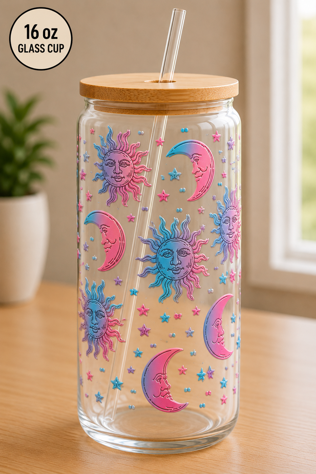 Celestial Moon & Sun 16 oz Glass Cup