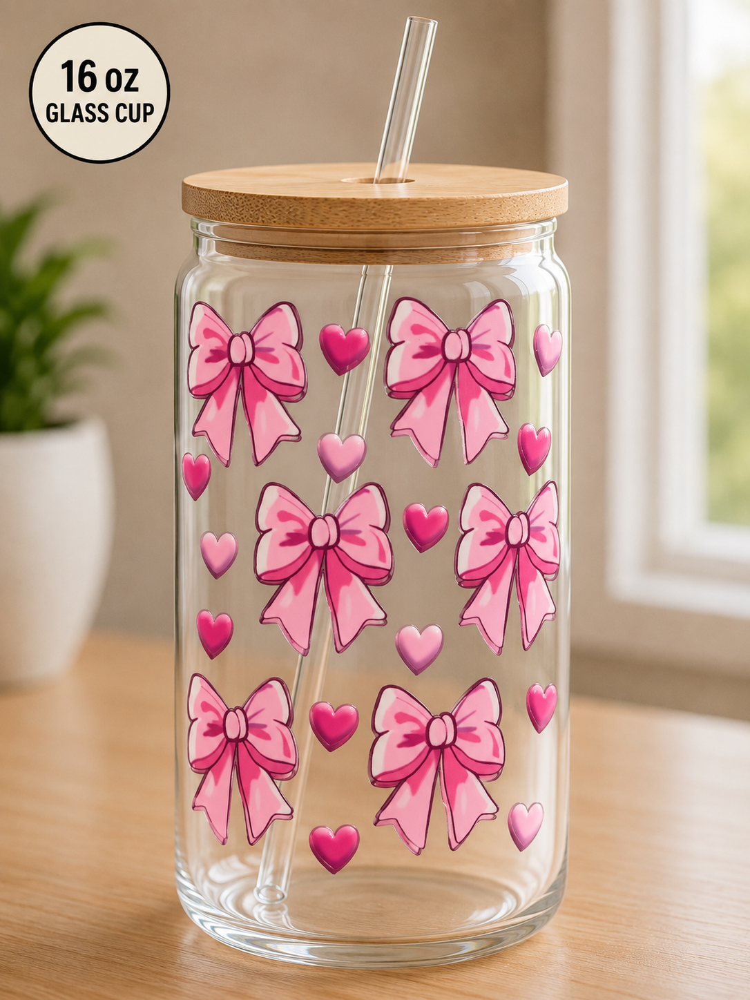 Bows and Hearts 16 oz Glass Cup