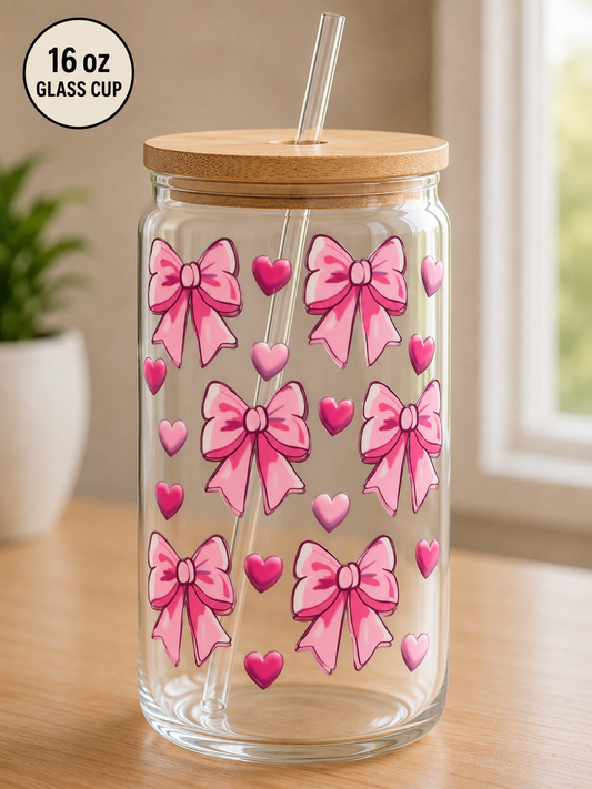 Bows and Hearts 16 oz Glass Cup