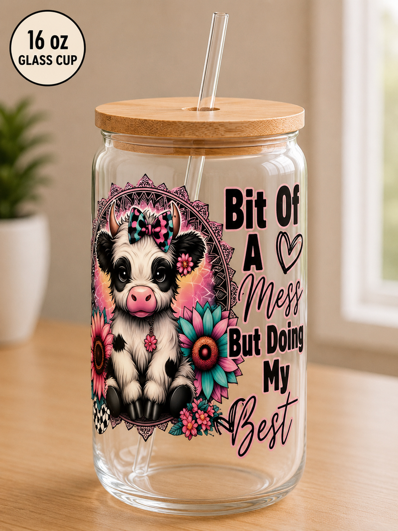 Bit Of A Mess Cow 16 oz Glass Cup