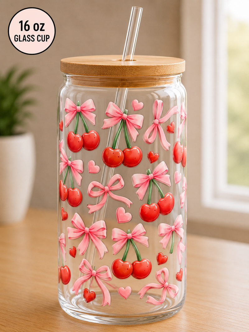 Cherries and Bows 16 oz Glass Cup