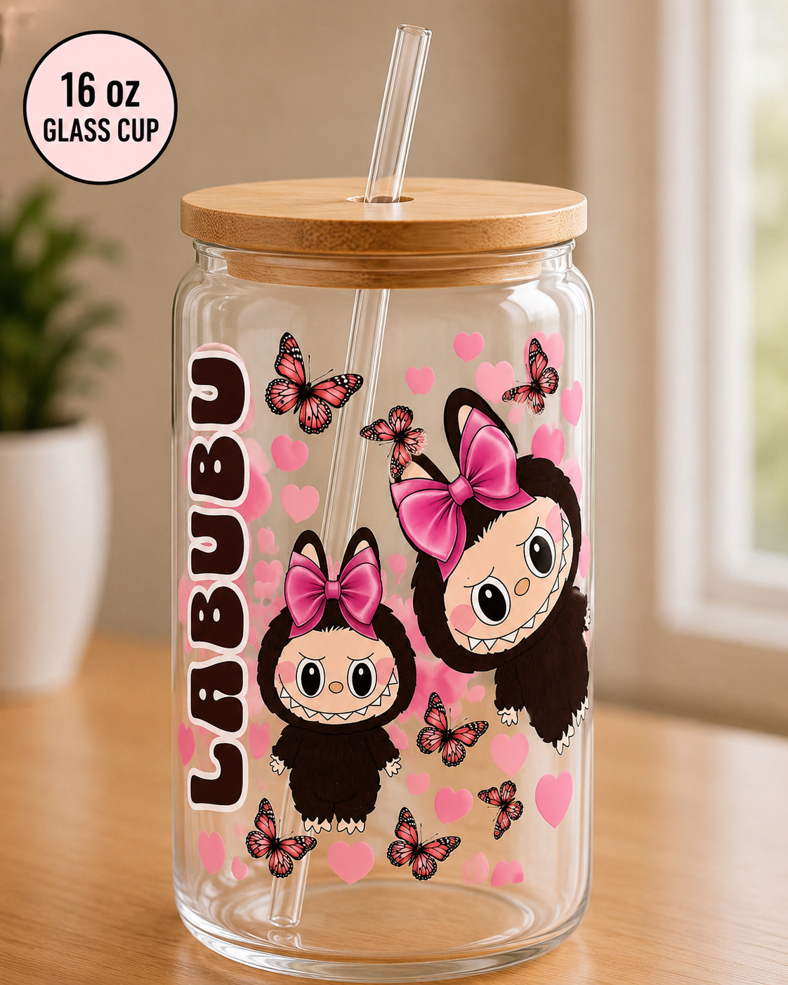 Brown Labubu Inspired 16 oz Glass Cup