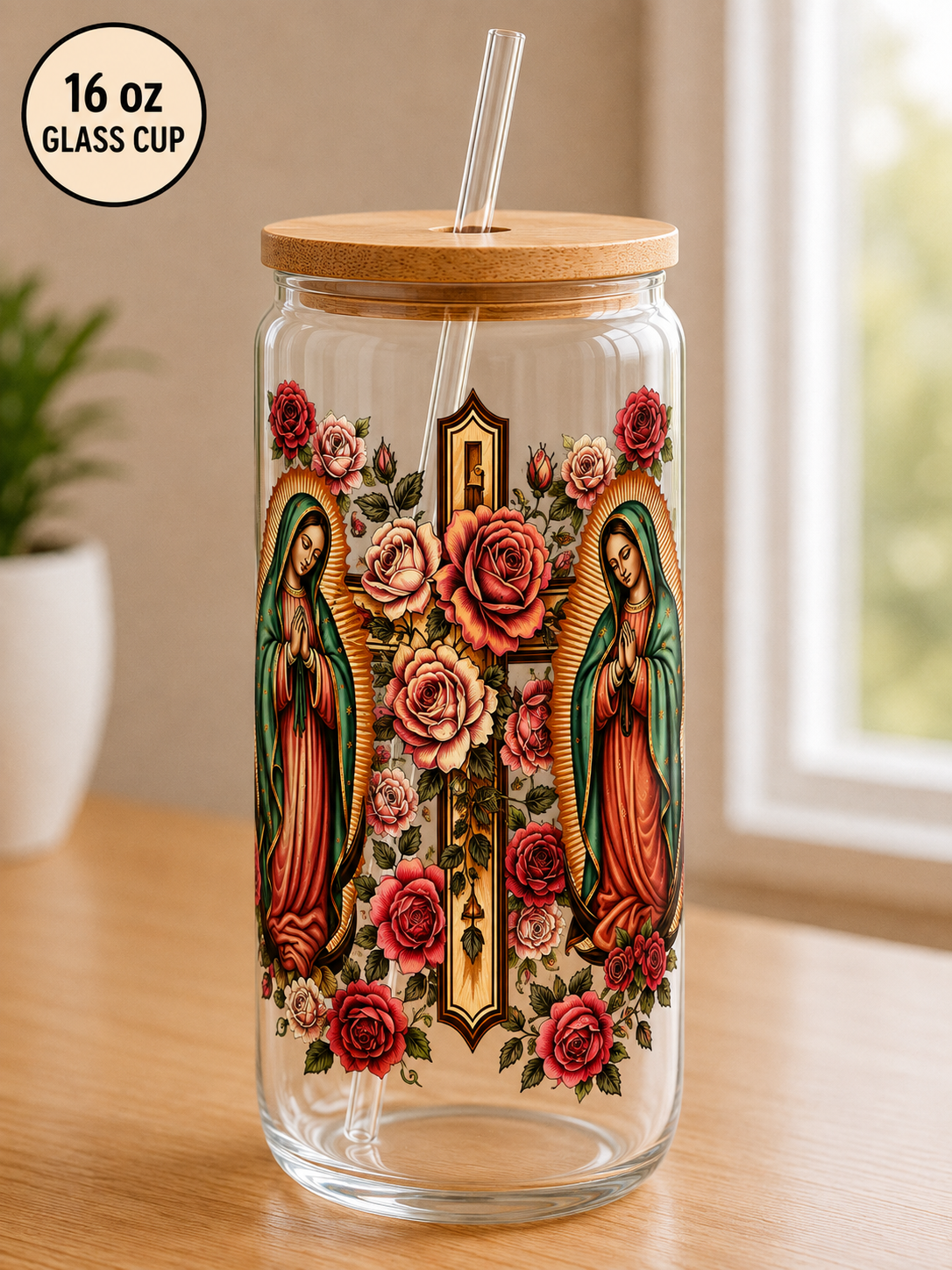 Mary 16 oz Glass Cup