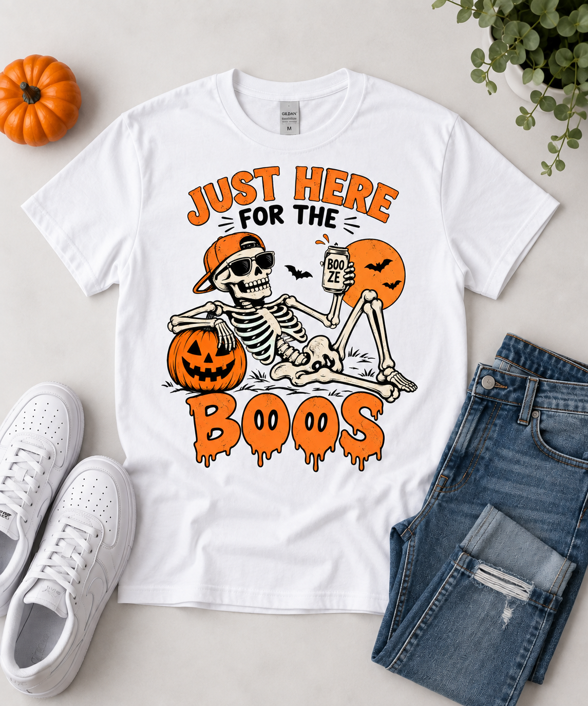 Funny Halloween Skeleton Shirt Just Here for the Boos Spooky Season Tee