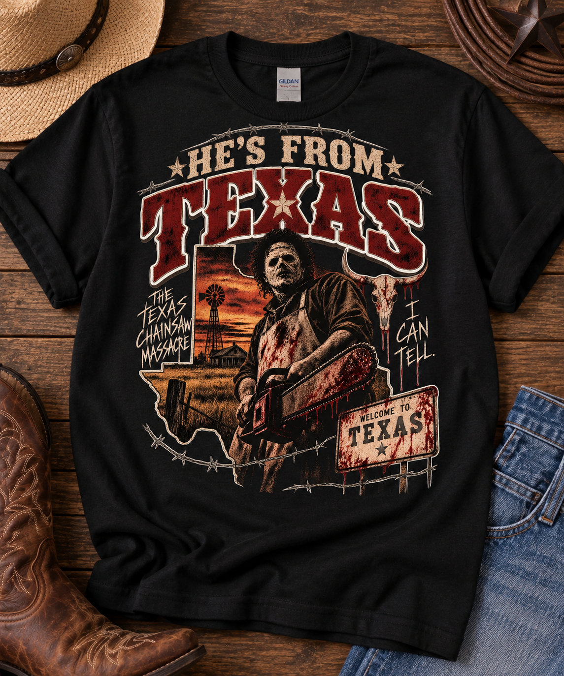 He’s From Texas Horror Graphic T-Shirt | Texas Chainsaw Inspired Shirt | Horror Western Tee | Gildan Black T-Shirt
